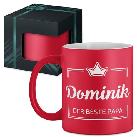 Maverton Keramik Kaffeetasse 330ml mit Gravur - Kaffeebecher mit funktionellem Henkel - personalisierter Keramikbecher für Männer zum Geburtstag zu Weihnachten - matt rot - Innen weiß - Krone