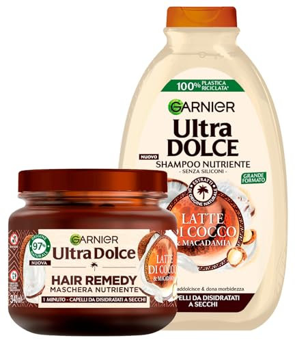 Garnier Ultra Dolce Shampoo + Maschera Nutriente per Capelli da Disidratati a Secchi con Latte di Cocco e Macadamia Addolcente Ammorbidente Idratante con Estratti di Origine Naturale - 2 Prodotti
