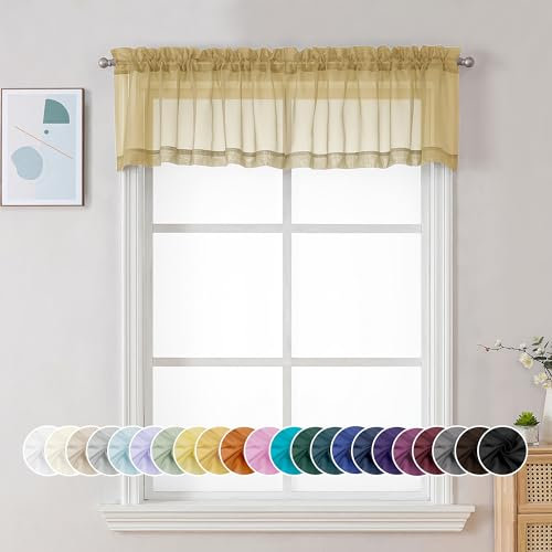 Chyhomenyc Durchsichtige Fenstervolants für Fenster, kleine Fenstervorhänge für Wohnzimmer, Badezimmer, moderne Oberseite, Doppelstangentasche, Voile, Kellerfenstervorhänge, 106 x 35 cm, goldfarben, 2
