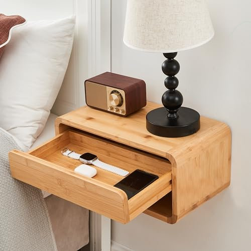 Schwebender Nachttisch aus Bambus mit Schublade & offenem Regal – komplett montierter Nachttisch zur Wandmontage mit modernem Design für Schlafzimmer und kleine Räume – Bambus-Beistelltisch