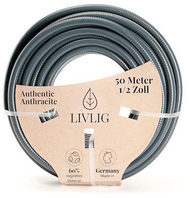 LIVLIG Gartenschlauch 50m, Gartenschlauch 1/2 Zoll Made in Germany, Wasserschlauch 50m aus recyceltem PVC, formstabil, Farbe: Anthrazit