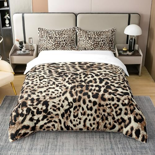 Loussiesd Leopard Drucken Bettwäsche Set 100% Baumwolle Geparden Bettbezug Set 155x220cm für Kinder Jugendliche Kawaii Tiere Drucken Niedlich Leopard Drucken Betten Set Braun Safari Bettwäsche-Set
