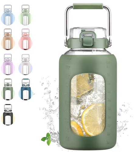 WINSA 84oz Glass Water Bottle with Stainless Steel Handle,2.5L Gallon Water Bottle with 2-IN-1 Straw Lid, Silicone Sleeve and Motivational Capacity Marker, Wide Mouth Water Jug For Gym, Workout, Olive