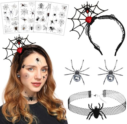 SANLIUSANJIU Serre-TêTe AraignéE Costume D'Halloween, Halloween Noir AraignéE Bandeau Cheveux, Cosplay Carnaval Costume Accessoire AraignéE Boucles D'Oreilles Collier Noir AraignéE Tatouages