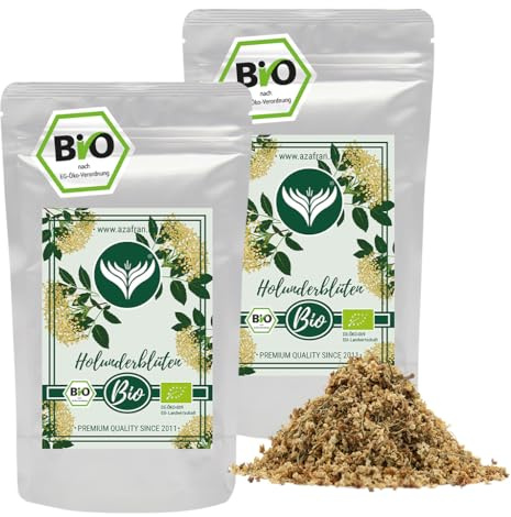 Azafran BIO Holunderblüten, Holunder Blüten gerebelt als Tee, Holunderblütentee 500g