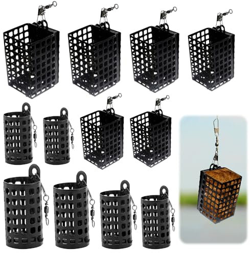 mizikuu 12 Stück Futterkorb Angeln, 10g/20g/30g/40g/50g/60g Futterkorb Angeln Feeder Metallkäfig Fishing Futterkörbe Rund Quadrat mit Wirbel Snap für Fischteich Karpfenangeln Zubehör