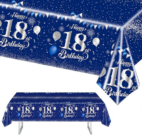 MORAINJAY 18 Geburtstag Tischdecke,137x274cm Blau mit Silver Tischdecke für Mädchen Junge 18 Geburtstag Party,Rechteckige Tischdecke für Geburtstag Party Deko zum 18.