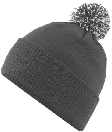 Roughtex Bommelmütze Damen Herren - Doppellagige Wintermütze als Beanie oder mit Umschlag tragbar Dunkelgrau