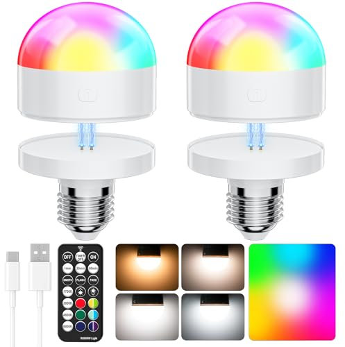 FANTICDE E27 Rechargeable Light Bulb with Remote,Battery Powered &Corded Electric LED Bulb,12+4 Color Temperatures,3 Timer,Dimmable Detachable RGB LED Bulb,for Non Hardwired Lamps (2Pack)