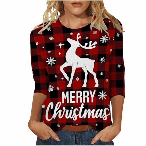 Damen-Weihnachts-Outfit, Weihnachtshemden für Frauen 2023, niedliches 3D-Grafik-Sweatshirt, lustige Geschenke, 3/4-Ärmel, Rundhalsausschnitt, Pullover, Tops, Damen-Kleidung, T-Shirt, Basics,