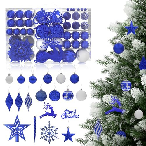 YUENFONG 108 palline di Natale, in plastica, per albero di Natale, con colori bianchi, opachi, lucidi, decorazioni natalizie, blu zaffiro