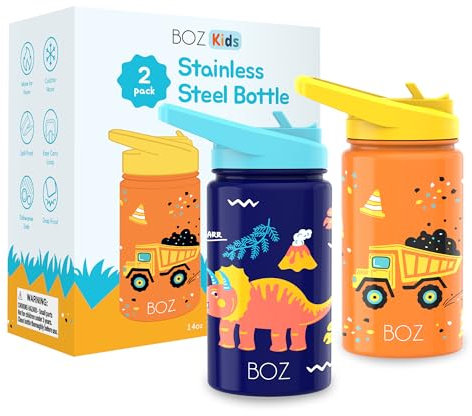 BOZ Kinder Trinkflasche – Trinkflasche Schule Junge – Trinkflasche Kinder Kohlensäure Geeignet - Auslaufsichere Trinkflasche Kinder Edelstahl – 400 ml (Konstruktion/Dinosaurier)