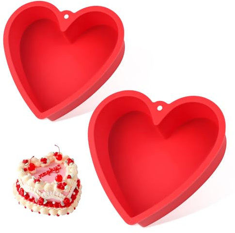 QEEYON 2 Piezas Molde de Silicona para Tartas con Forma de Corazón, 8/10 Pulgadas Molde Silicona Corazon, Sin BPA Antiadherente Molde Corazon para Tartas de San Valentín,Tartas de Queso y Pudines