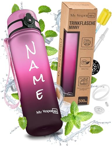 My Vesperbox – Minny - Kinder Trinkflasche - Personalisiert mit deinem Name – 500,750, 1000ml ink. Strohhalm oder Sieb - BPA frei - für Kindergarten, Schule, Sport, Freizeit (Rosa-Lila-Schwarz 500ml)