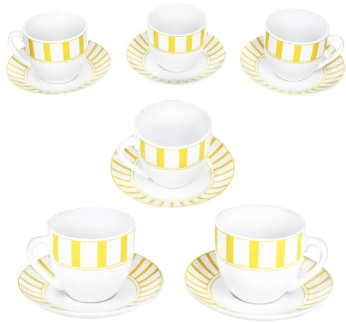 MamboCat Split gelb Kaffeetassen mit Untertassen für 6 Personen I weißes Porzellan-Set mit Streifen für Frühstück & Kaffee I Je 6X Teetassen 200ml & Untertassen