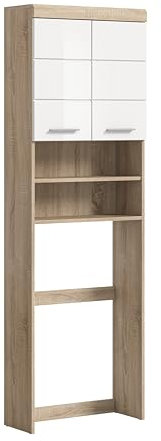 furnling Waschmaschinenüberbau Scott, Waschmaschinenschrank, 2 Türen, 2 offene Fächer, Hochglanz Front, Badschrank, Badmöbel, 63 cm breit, Sonoma Eiche hell/weiß