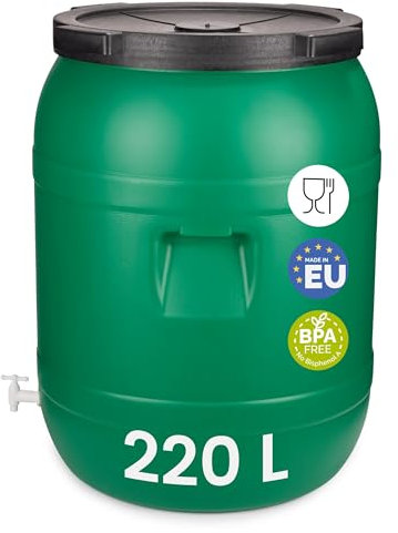 Garronda 220 litros con Grifo Bidón de plástico, Barril alimentario en HDPE y sin BPA, depósito de Agua, Barril Universal de Boca Ancha, tonel de jardín, Contenedores de Almacenamiento GD-0142, Verde