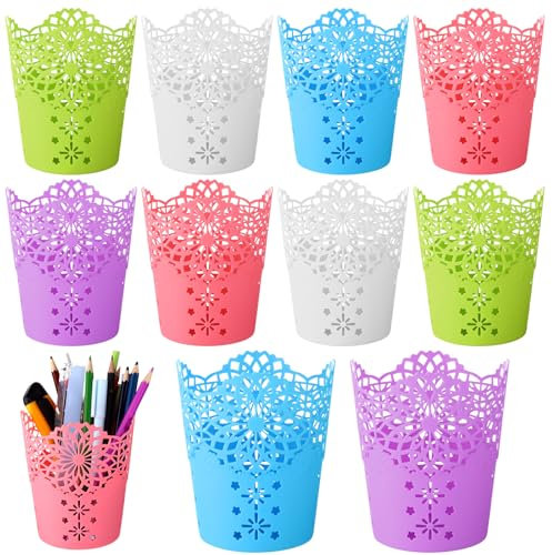 ULELE 10 Pcs Pencil Holder Cup Hollow Flower Pencil Pots Plastic Vase Pen Pot Holder Makeup Brush Storage Organizer Container Organizer Pen Pots for Desk Office School Classroom Home Supplies