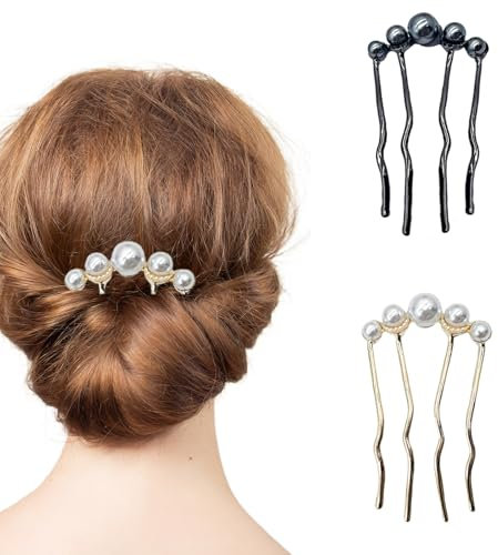 LUMOOM 2 Stück Perlen Haarnadeln, U-förmige Haarnadel, Haarkämme zum Stecken, Seitlicher Kamm für Brauthaare Haarschmuck, Für Frauen und Mädchen Hochzeiten und Partys (Schwarz + Gold)
