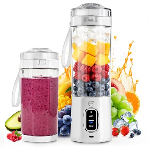 MIAOKE Blender Portable Pour Smoothies, Rechargeable, 700 Ml, Avec Fonctions Automatique Et Pulse, Avec Gobelet Et Couvercle De Voyage, 6 Lames Tranchantes, Machine de Cuisine, Blanc