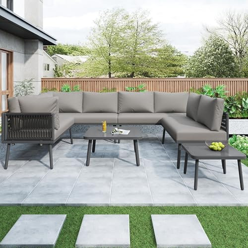 Jaxenor 6-8 Sitzer Lounge Möbel Outdoor mit 4 Zweisitzer-Sofas, U-förmiges Gartenlounge Outdoor mit Verstellbaren Füßen, Garten Loungemöbel Set mit 2 Tisch, Balkon Sofa, Inkl. Sitz- und Kissen, Grau