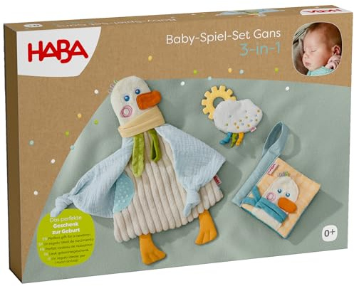 HABA Baby-Spiel-Set Gans 3-in-1 – Geschenkset mit Greifling, Knisterbuch & Schmusetuch, Sinnesspielzeug ab 0+ Monaten, weiche Stoffe zur Förderung der Motorik & Wahrnehmung