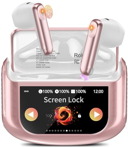 Auriculares Inalambricos Bluetooth con Pantalla Táctil LED, 2025 48H Auriculares Bluetooth 5.4 HiFi Estéreo con Reducción de Ruido ENC Mic, IPX7 Cascos Inalambricos con 5 Modos EQ para iOS, Oro Rosa