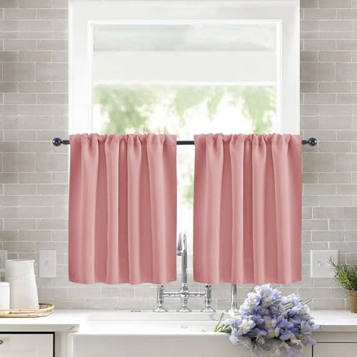 Treer Lot de 2 Rideaux Cuisine Brise-bise Courts Couleur Unie pour Petites Fenêtres à Passe Tringle, Rideau Occultants Moderne Décoration pour Salle de Bain Salon Bistrot (Rose,106x91cm)