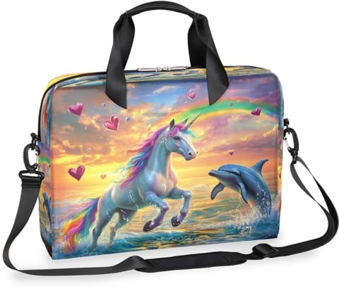 Kaifanee Laptoptasche, 16 Zoll, Messenger-Umhängetasche für Laptop oder Tablet, Regenbogen-Einhorn, Pferd und Delfin, Business-Aktentasche, Geschenke für Männer und Frauen