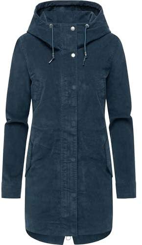 Ragwear Damen lange Übergangsjacke Mantel in weicher Feinkord-Optik mit verstellbarer Kapuze, Brusttaschen und Taillenzugband Cannas Cordy YOUMODO XS-3XL