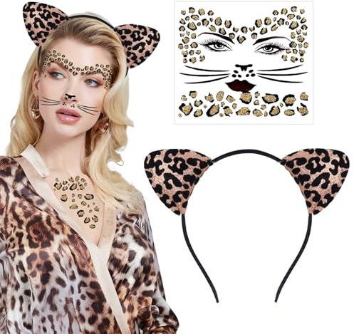 Leoparden Kostüm Damen Mädchen Set, Leopard Gesicht Kunst Aufkleber Gesichtstattoo, Tier Leopard Stirnband, Leoparden Ohren Haarreif, für Halloween Karneval Cosplay Kostüm Party Dekoration Zubehör