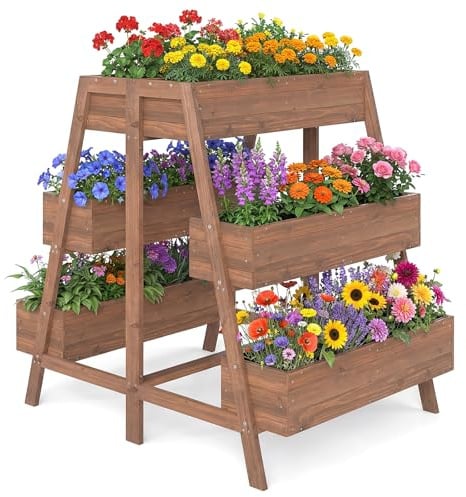 COSTWAY vertikales Hochbeet mit 3 Etagen, Blumenbeet mit 6 Pflanzkästen, Lattenboden & Einsatz, Blumentreppe Gartenbeet Holz, Blumenkasten für Terrasse Balkon Garten, Braun, 126 x 90 x 115 cm