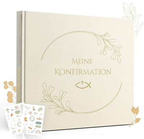 Legezon Gästebuch zur Konfirmation – Stoffbezug mit Goldprägung, 72 blanko Seiten für Wünsche & Fotos, inkl. 2 Stickerbögen, Erinnerungsbuch Geschenk