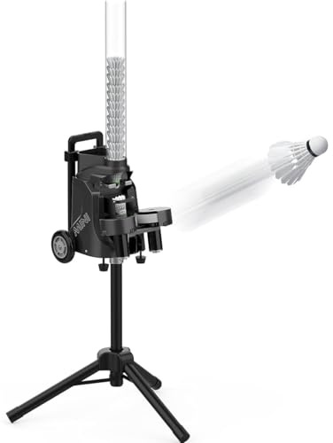 WANGCAIER Badminton Serve Machine with APP Control, Adjustable Speed and Height, Holds 52+, Automatic Pitching Feeder for Training