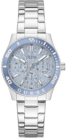 Guess Mariana Damen Uhr 36 mm Edelstahl – Quarz Analog Armbanduhr Edelstahlarmband Silber, Fashion Uhr Damenuhr Blau mit Datum Leuchtzeiger, 3 bar GW1035L1