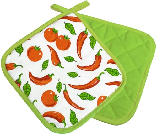 Topflappen Kitchen, Chili Tomaten, grün, 2 TLG., PSA-Kategorie II bis 250°C hitzebeständig, geprüftes und zertifiziertes Produkt