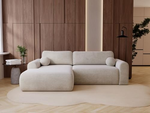 GRAINGOLD Savana L 257x177 cm, L-Form Sofa, Schlafcouch für Wohnzimmer, Velours-Stoff, 3-Sitzer Eckcouch, Ecksofa mit Bettkasten (Hellbeige, Links)