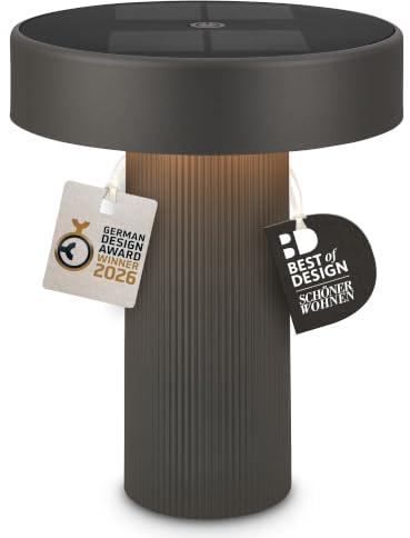 BRILONER - Poga LED Tischlampe kabellos IP44 mit Solar, Touch, Dimmbar, Warmweißes Licht, Tischlampe Akku, Nachttischlampe, Solarlampen für außen, German Design Award Winner 2026, 16x20 cm, Anthrazit