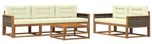 vidaXL Outdoor-Sofagarnitur mit Kissen 6 pcs Natur und Creme, Hochmodernes Gartenmöbel Set, Sofakollektion für draußen, Lounge für Garten, Poolbereich Sitzgruppe