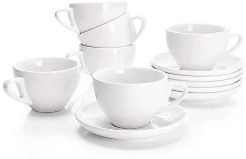 Sweese 402.001 6-teilig Cappuccinotassen Set aus Porzellan, Dickwandige Kaffeetassen mit Untertasse, Weiß Serie, 180 ml