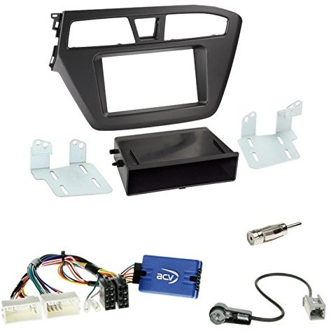 Einbauset: Autoradio Doppel 2-DIN Blende Einbaurahmen Radioblende schwarz + Multilead Lenkradfernbedienungsadapter Interface Radio Adapter + Antennenadapter für Hyundai i20 ab 2015 ohne Soundsystem