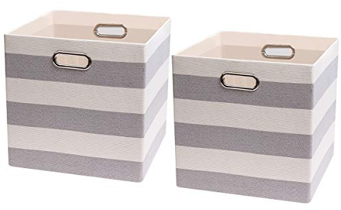 Posprica Storage Cubes,13×13 Collapsible Storage Baskets Bins Fabric Drawers - 2pcs, Grey-white Striped
