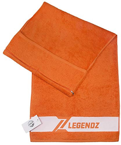 LegendZ - Sporthandtuch mit 2 Taschen, Reißverschluss & Fixierung - OekoTex100 zertifiziert aus reiner ägyptischer Baumwolle - Extra antibakteriell dank patentierter Nanobeschichtung (112x50cm orange)