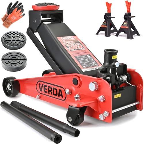Verda Hydraulischer Wagenheber 3T 130-490mm + 2X Gummi + Handschuhe Rangierwagenheber Heber Rot Wohnmobil, Geländewagen Profi Ständer, Flache, Autoheber (Wagenheber 3T + 2X Unterstellbock)