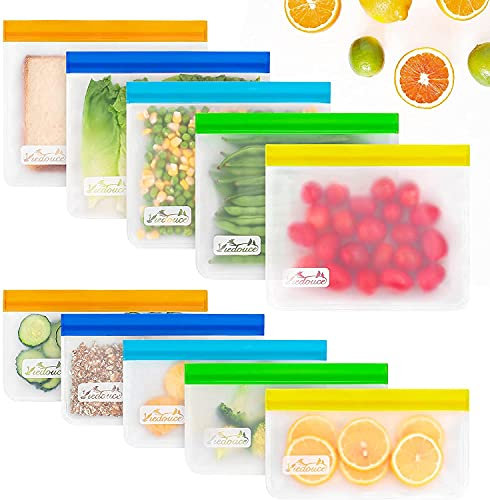 Viedouce 10 Stück Wiederverwendbarer Lebensmittelbeutel,Lebensmittel Beutel Wiederverwendbare Aufbewahrungsbeutel,Sandwichbeutel Küche Beutel für Gemüse Snacks Fleisch,ohne BPA