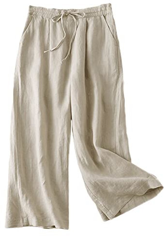 FTCayanz Pantalon Femme Lin Jambe Large Casual Léger Pantalon Palazzo avec Cordon de Serrage Beige XL