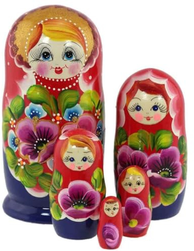 Semenovskay Rospis Matroschka Babuschka Matrjoschka Holzpuppen handbemalt Set 5 Puppen Mohnblumen (Rosa-Blau)