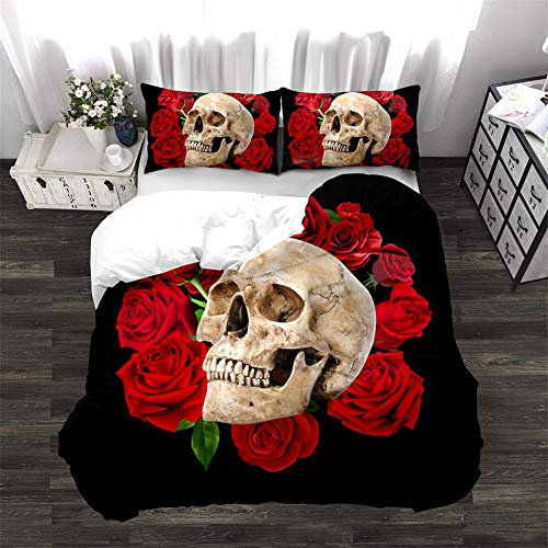Timiany 3D Skull Gotisch 3 Teilig Bettwäsche-Set,Mikrofaser Halloween Teufel Thema Gotisches Bettbezug Set220×240cm+ 2 Kissenbezüge 80×80cm (Rose Totenkopf,135x200+80x80)