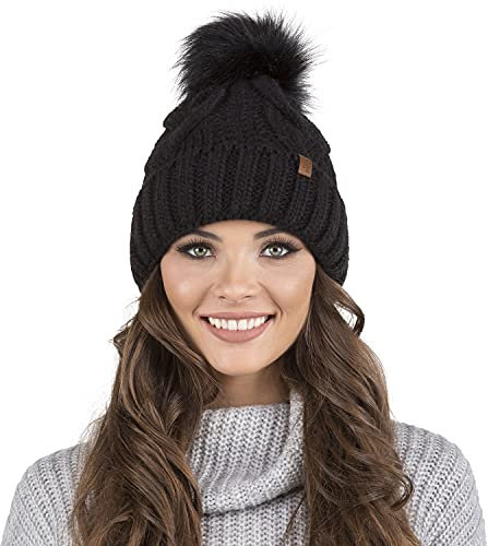 VIVISENCE Wintermütze Mit Bommel Damen Perfekte Passform Warmes Strickmütze Herbst Frauen Mütze Für Winter Aufgerolltem Design Für Extra Wärme Ideal Für Kalte Wintertage Modell, Schwarz,Einheitsgröße