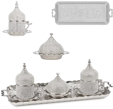 Alisveristime Ottoman Türkisch Griechisch Arabisch Espresso Kaffeetassen mit Untertasse und Deckel (Kristallset) (2er-Set) (Silber)